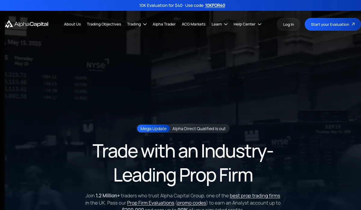Alpha Capital prop firm official website screenshot