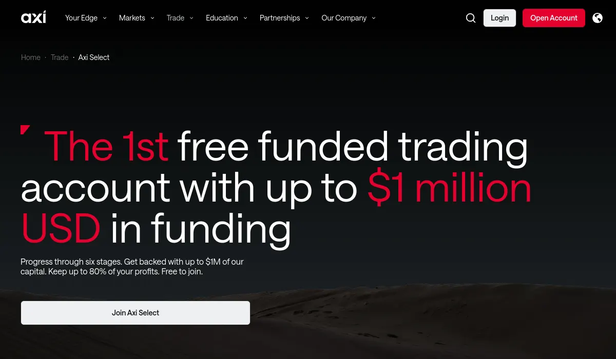 Axi Select prop firm official website screenshot