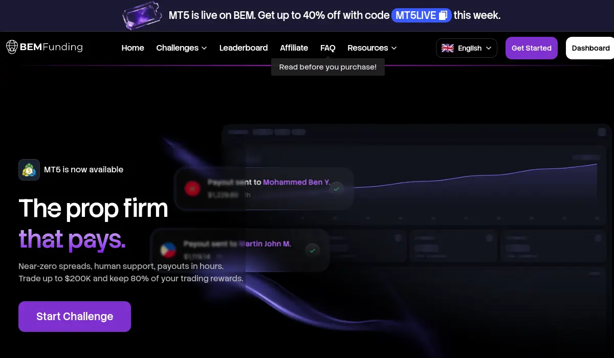 BEM Funding prop firm official website screenshot