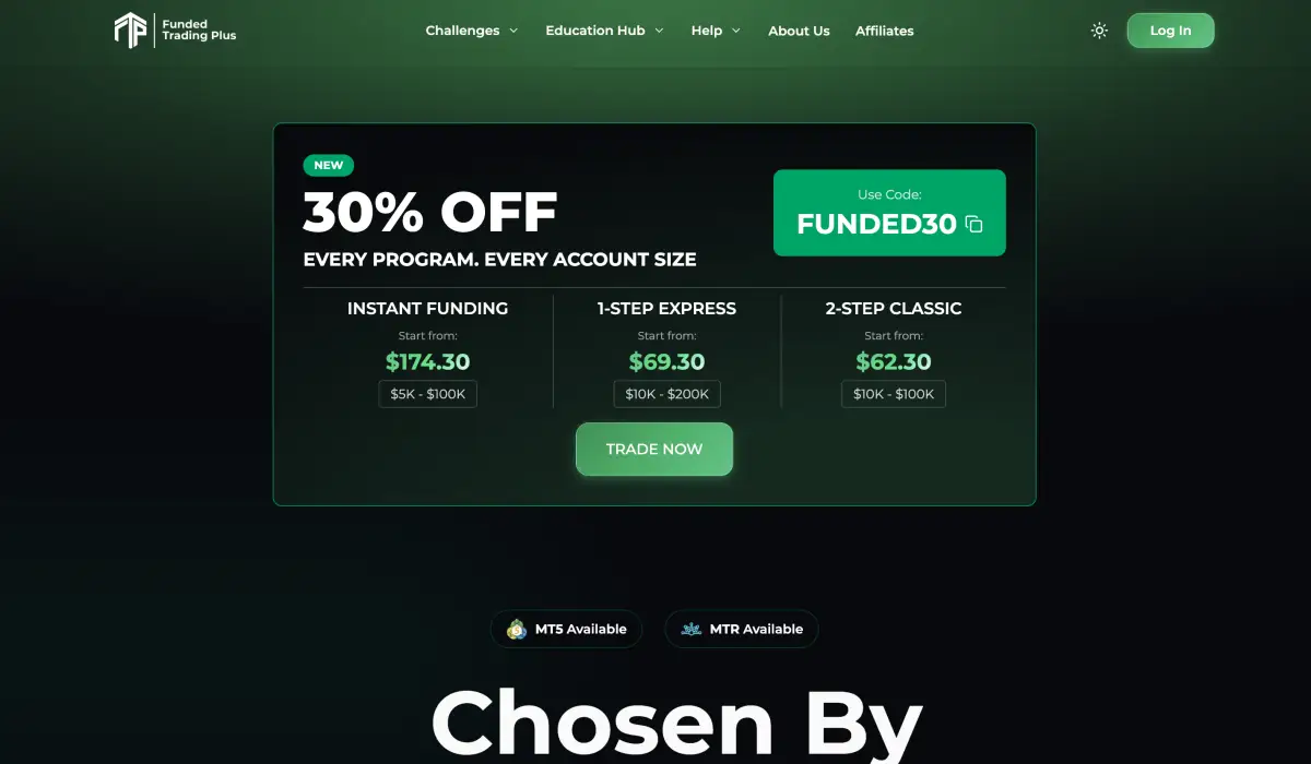 Funded Trading Plus prop firm official website screenshot