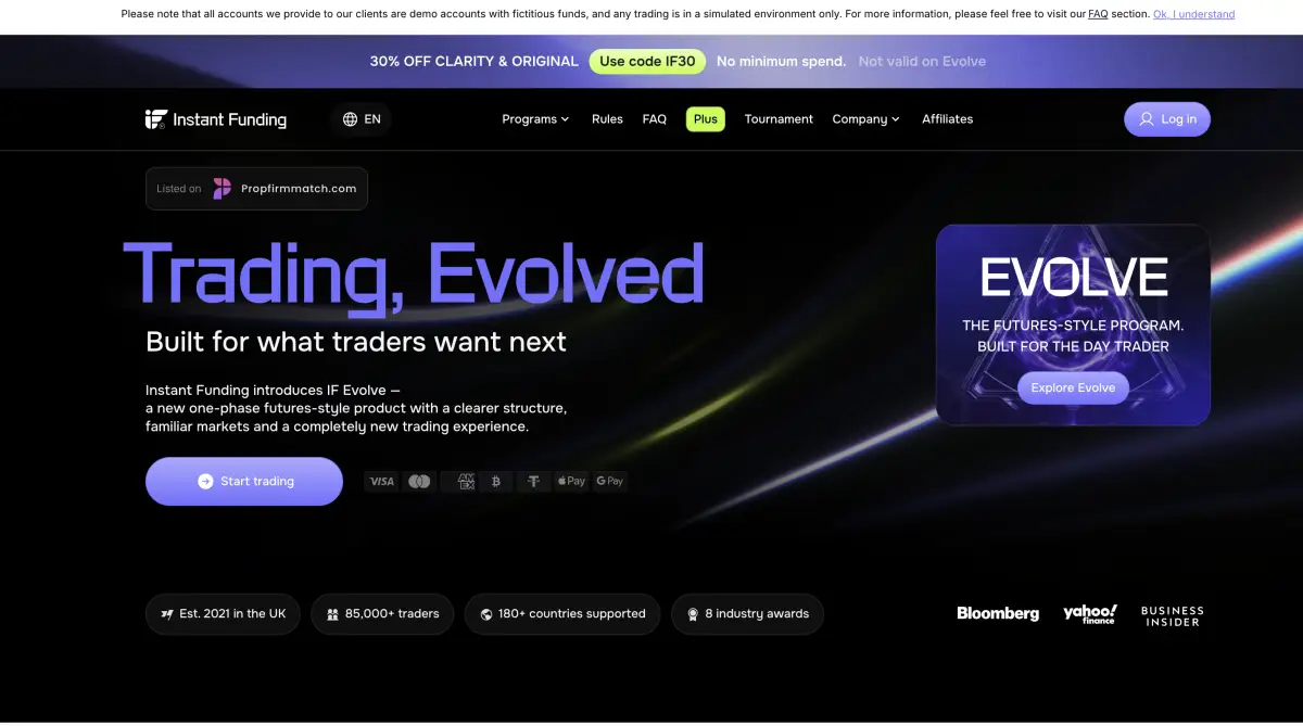 Instant Funding prop firm official website screenshot